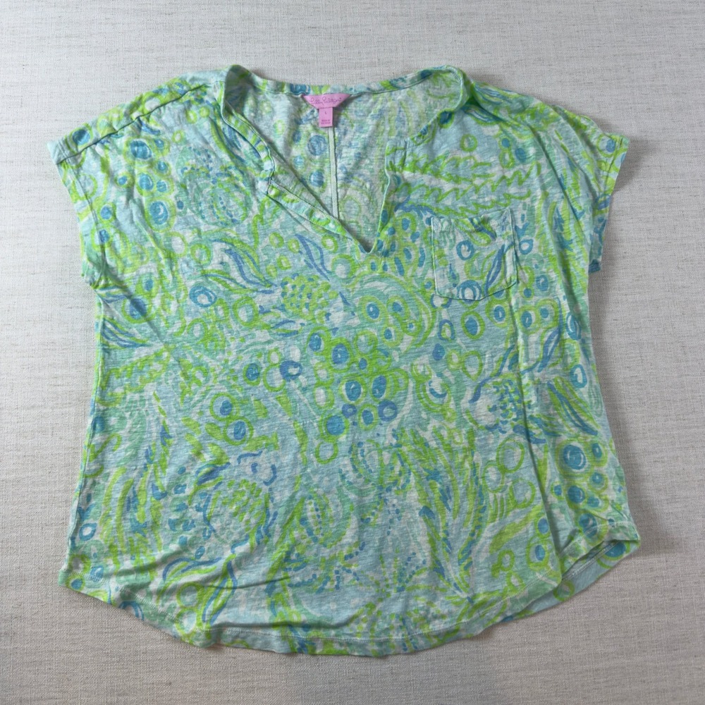 Lilly Pulitzer Etta Top Womens L Blue Green Floral 100% Linen V Neck 12238